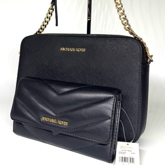 Michael Kors Large Logo Crossbody Bag & Matching Quilted Trifold Wallet Black - Picture 1 of 11